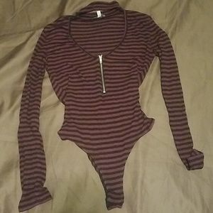 black/ burgundy line strips bodysuit
